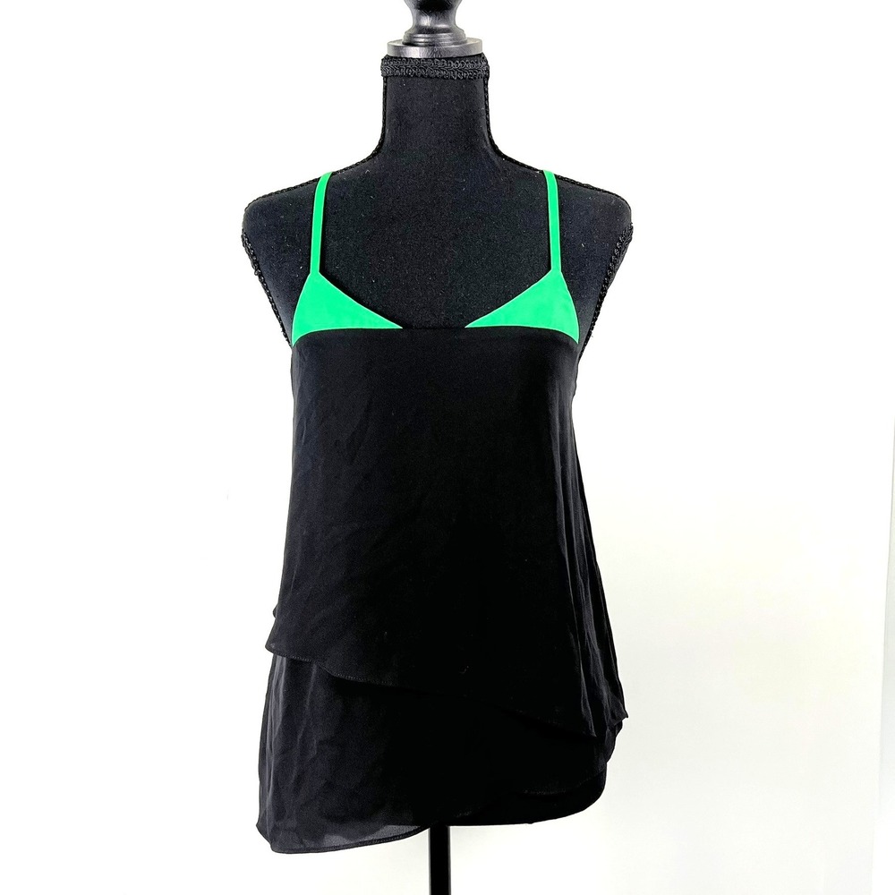 BCBGMAXAZRIA Womens XS Black Neon Green Colorblock Asymmetrical Camisole Top